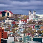 The colorful old city of St. John's, Newfoundland with its unique architecture.  The large building on the top left is the new art gallery and museum called 'The Rooms'.