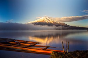 Mount Fuji reflected in Lake Yamanaka at dawn, Japan.